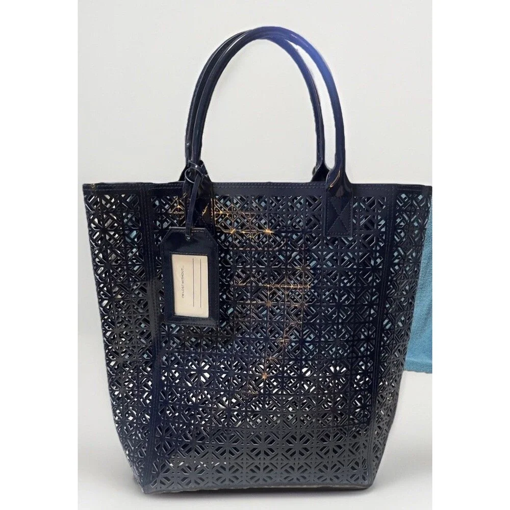 Tory Burch Navy Laser Cut PVC Patent Tote Shopper Beach Bag Geometric Large